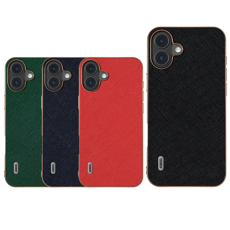 For iPhone 16 ABEEL Electroplating Frame Cross Texture Genuine Leather Phone Case(Black) by buy2fix