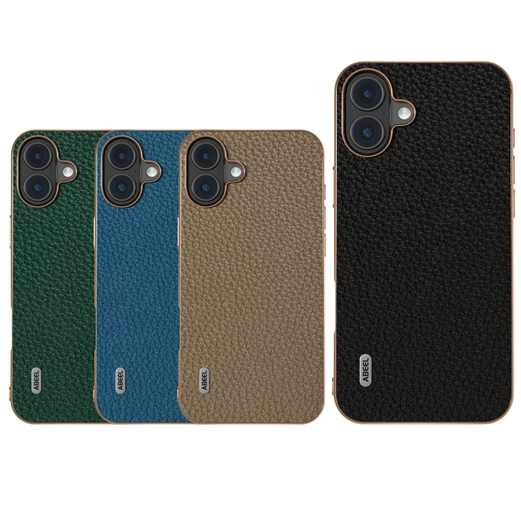 For iPhone 16 ABEEL Electroplating Frame Genuine Leather Litchi Texture Phone Case(Blue) by buy2fix