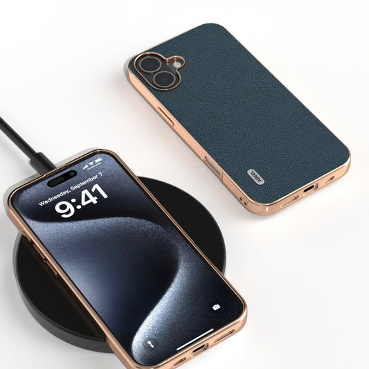 For iPhone 16 ABEEL Electroplating Frame Genuine Leather + PC Litchi Texture Phone Case(Green) by buy2fix