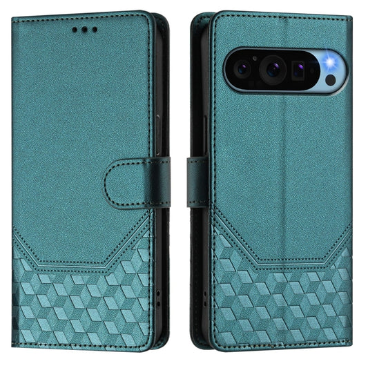 For Google Pixel 9 / 9 Pro Honeycomb Embossing RFID Leather Phone Case(Peacock Green) by buy2fix