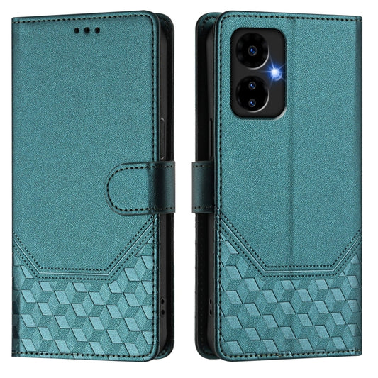 For Boost Mobile Celero 5G 2024 Honeycomb Embossing RFID Leather Phone Case(Peacock Green) by buy2fix