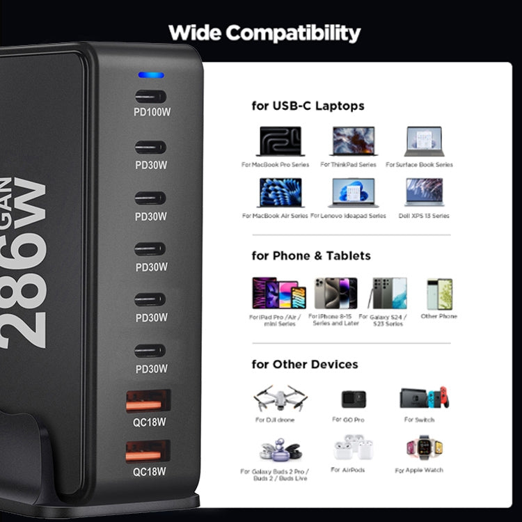 YMX-986 286W 6 Type-C, 2 USB 8-Ports Desktop Fast Charger, Plug Type:UK Plug(Black) by buy2fix