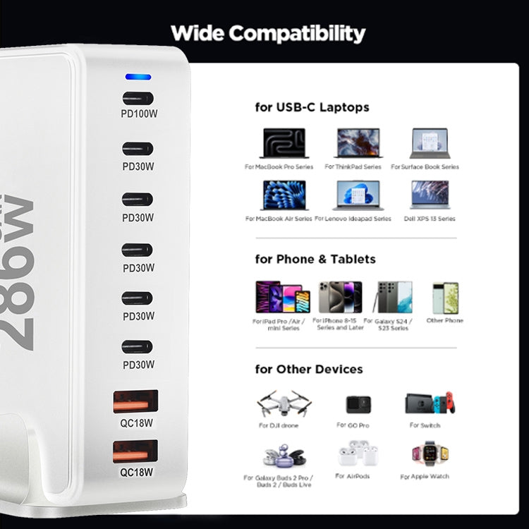 YMX-986 286W 6 Type-C, 2 USB 8-Ports Desktop Fast Charger, Plug Type:UK Plug(White) by buy2fix