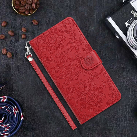 For iPhone 16 Pro Max Floral Embossed Pattern Leather Phone Case(Red) by buy2fix