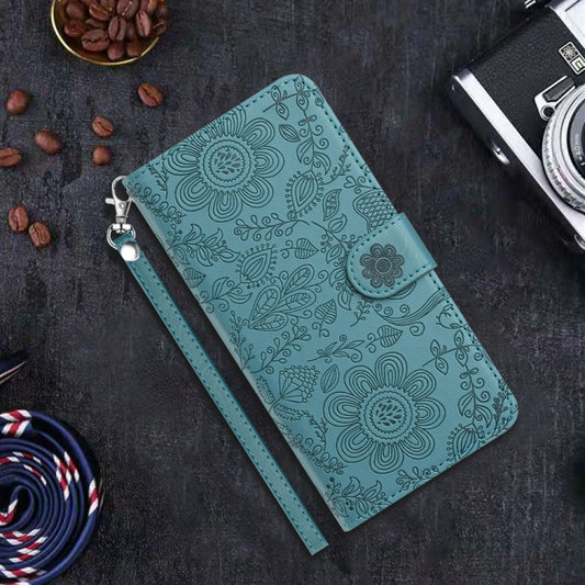 For iPhone 16 Floral Embossed Pattern Leather Phone Case(Dark Green) by buy2fix