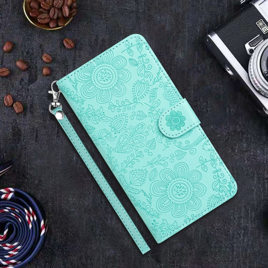 For iPhone 16 Floral Embossed Pattern Leather Phone Case(Light Green) by buy2fix