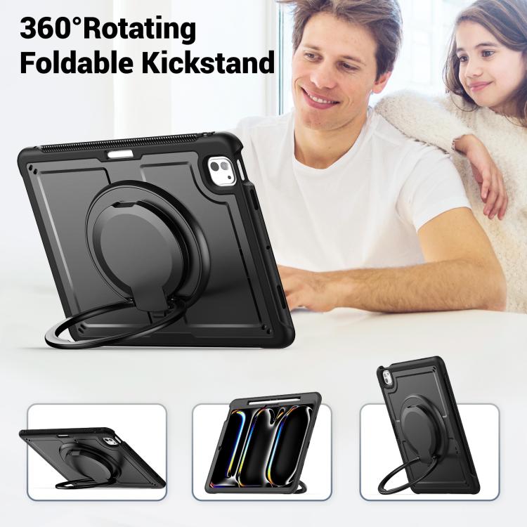 For iPad Pro 13 2024 Honeycomb Hybrid Tablet Case with Handle Holder & Strap(Black) - iPad Pro 13 2024 Cases by buy2fix | Online Shopping UK | buy2fix