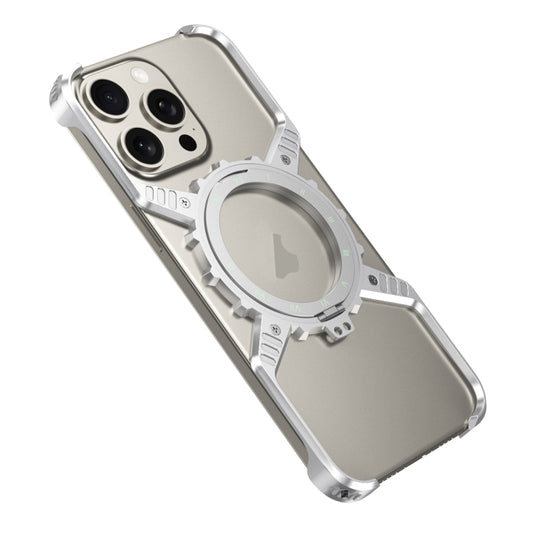 For iPhone 16 Plus / 15 Pro Max Mechanical Gear MagSafe Holder Borderless Metal Phone Case(Silver) by buy2fix