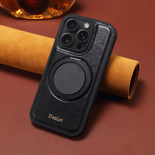 For iPhone 16 Pro Denior A17 Genuine Leather Gear Magnetic Holder Phone Case(Black) by Denior