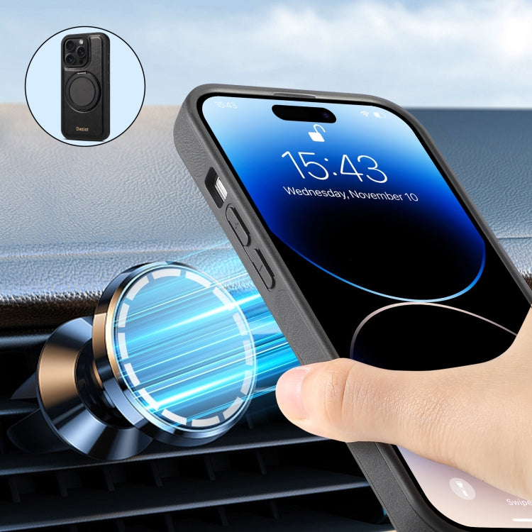 For iPhone 16 Pro Denior A17 Genuine Leather Gear Magnetic Holder Phone Case(Black) by Denior