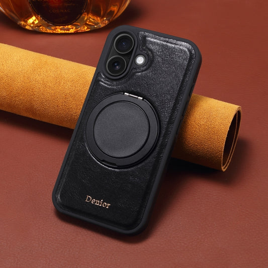 For iPhone 16 Plus Denior A17 Genuine Leather Gear Magnetic Holder Phone Case(Black) by Denior