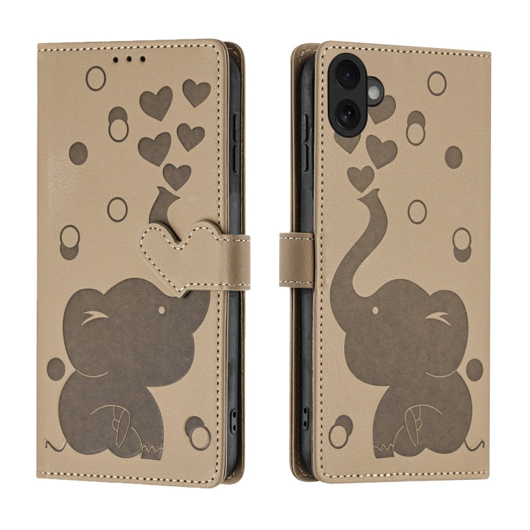 For iPhone 16 Cartoon Elephant Embossed Leather Phone Case(Khaki) by buy2fix