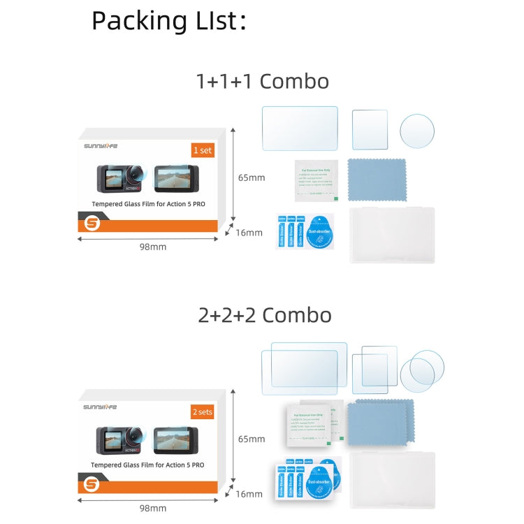 For DJI Osmo Action 5 Pro Sunnylife 3 in 1 Lens Protector Front and Rear Screen Tempered Glass Films, Quantity:2 + 2 + 2 Sets by Sunnylife