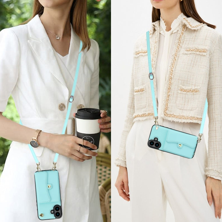 For iPhone 16 Plus RFID Card Slot Phone Case with Long Lanyard(Mint Green) by buy2fix