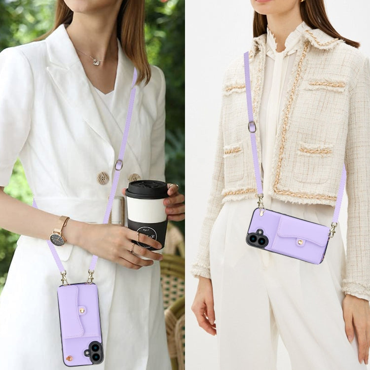 For iPhone 16 Plus RFID Card Slot Phone Case with Long Lanyard(Purple) by buy2fix