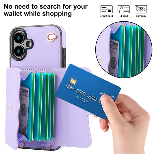 For iPhone 16 RFID Card Slot Phone Case with Long Lanyard(Purple) by buy2fix