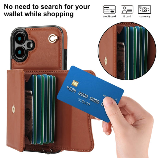 For iPhone 16 RFID Card Slot Phone Case with Long Lanyard(Brown) by buy2fix