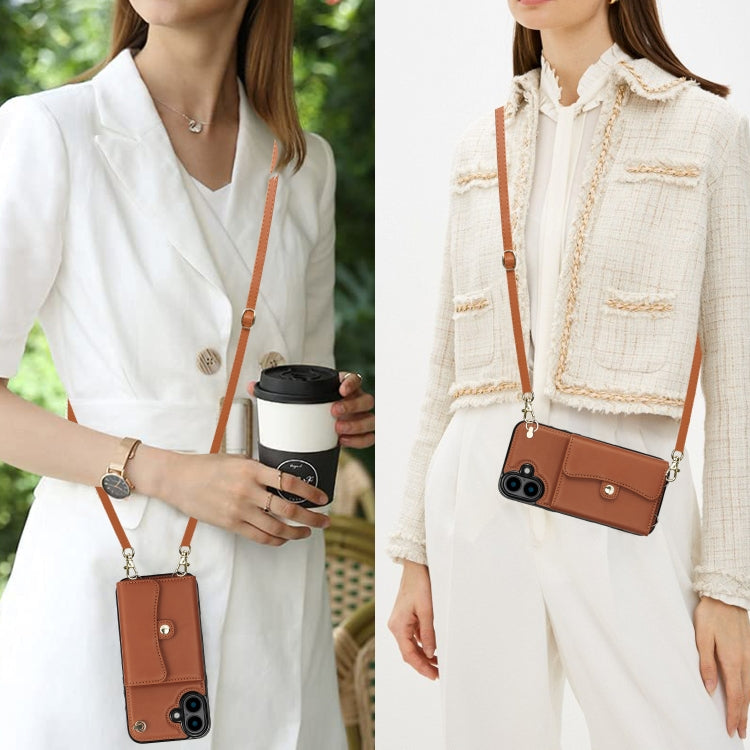 For iPhone 16 RFID Card Slot Phone Case with Long Lanyard(Brown) by buy2fix