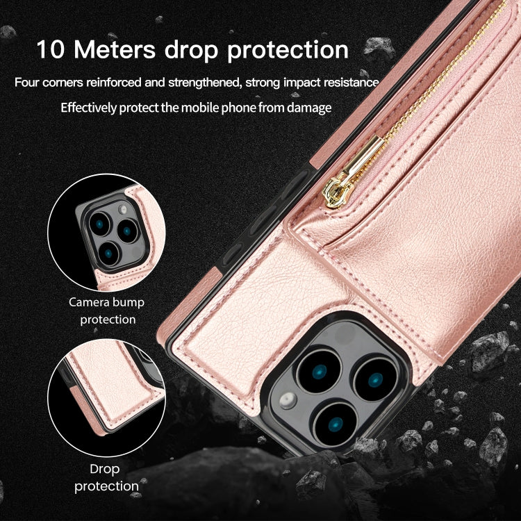 For iPhone 16 Pro Square Zipper Wallet Bag TPU+PU Back Cover Case(Rose Gold) by buy2fix