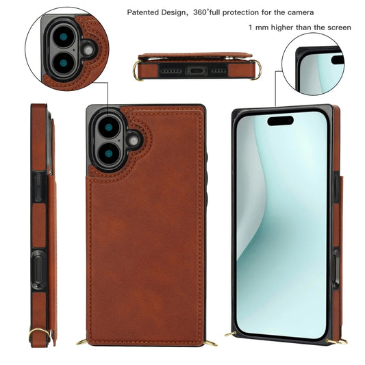 For iPhone 16 Cross-body Square Dual-Buckle Card Flip Wallet Phone Case(Brown) by buy2fix
