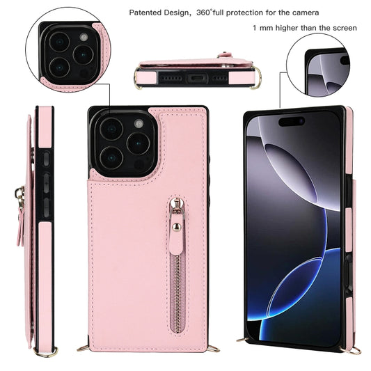 For iPhone 16 Pro Cross-body Zipper Square Phone Case(Pink) by buy2fix