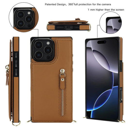 For iPhone 16 Pro Cross-body Zipper Square Phone Case(Brown) by buy2fix