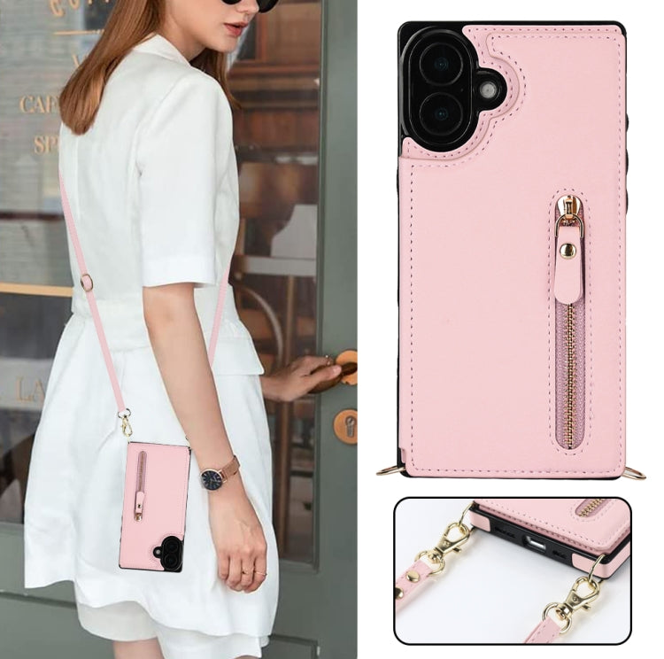 For iPhone 16 Plus Cross-body Zipper Square Phone Case(Pink) by buy2fix