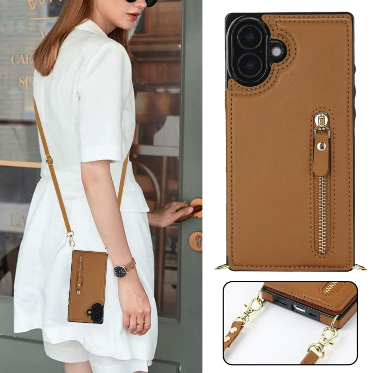 For iPhone 16 Plus Cross-body Zipper Square Phone Case(Brown) by buy2fix
