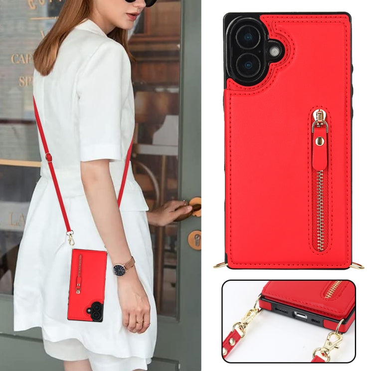 For iPhone 16 Plus Cross-body Zipper Square Phone Case(Red) by buy2fix