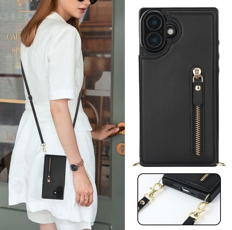 For iPhone 16 Plus Cross-body Zipper Square Phone Case(Black) by buy2fix