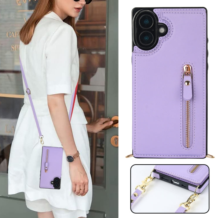 For iPhone 16 Cross-body Zipper Square Phone Case(Purple) by buy2fix