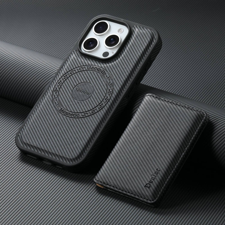 For iPhone 16 Pro Denior Carbon Fiber Texture Leather Card Bag MagSafe Phone Case(Black) by Denior