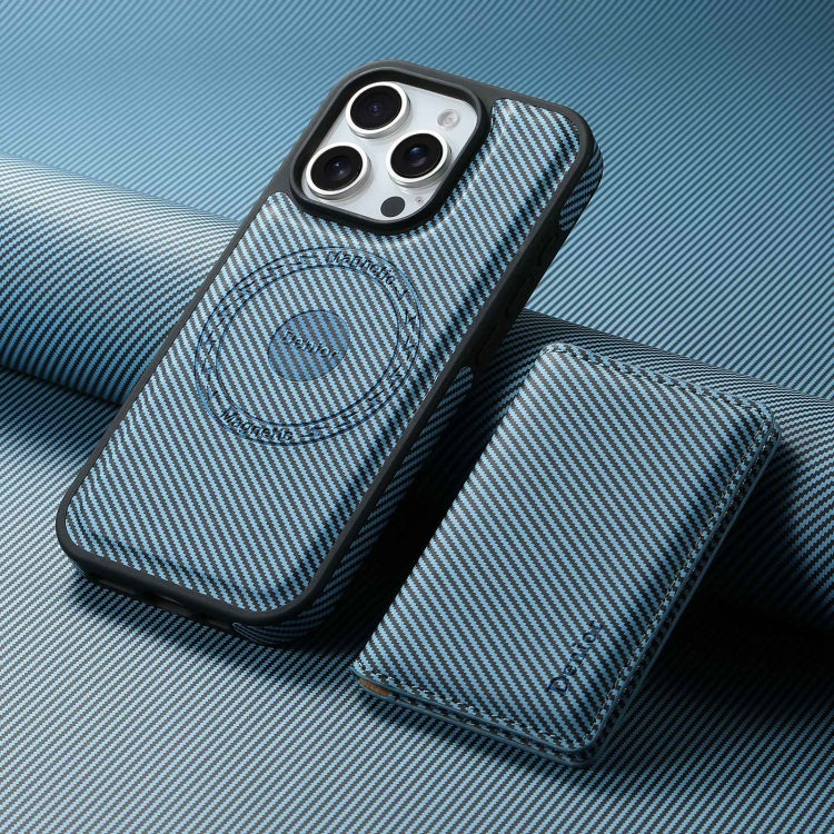 For iPhone 16 Pro Denior Carbon Fiber Texture Leather Card Bag MagSafe Phone Case(Blue) by Denior