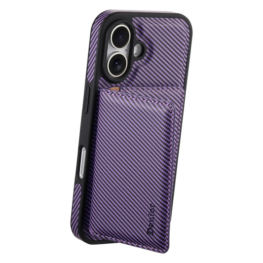 For iPhone 16 Plus Denior Carbon Fiber Texture Leather Card Bag MagSafe Phone Case(Purple) by Denior