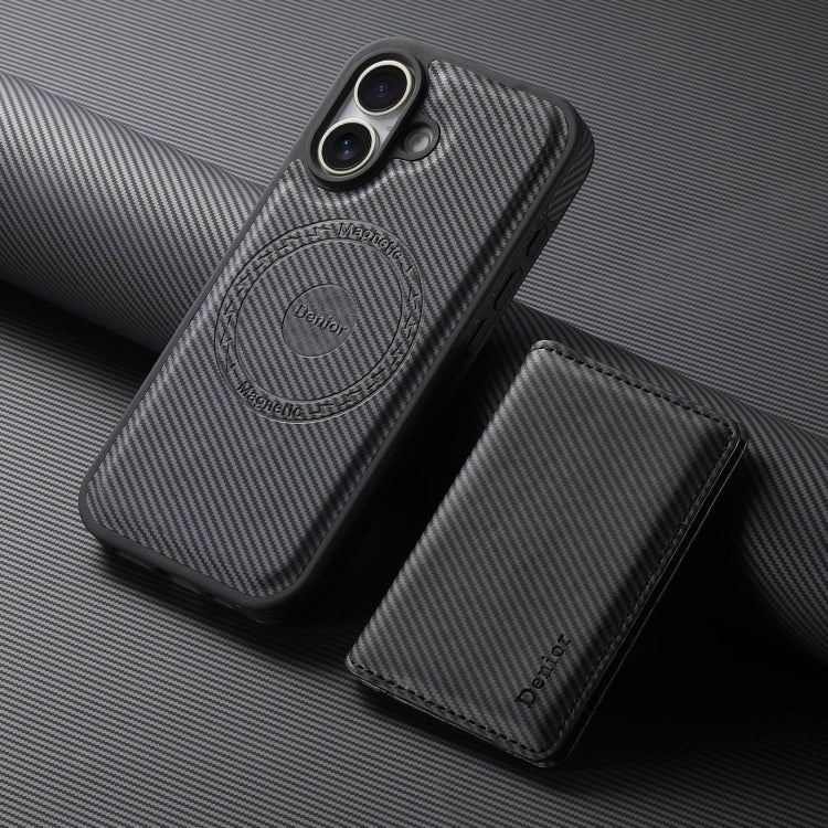 For iPhone 16 Denior Carbon Fiber Texture Leather Card Bag MagSafe Phone Case(Black) by Denior