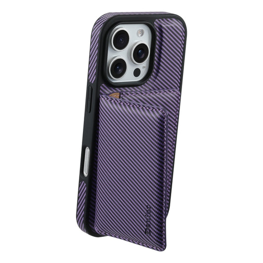 For iPhone 16 Denior Carbon Fiber Texture Leather Card Bag MagSafe Phone Case(Purple) by Denior