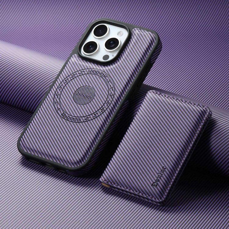 For iPhone 16 Denior Carbon Fiber Texture Leather Card Bag MagSafe Phone Case(Purple) by Denior