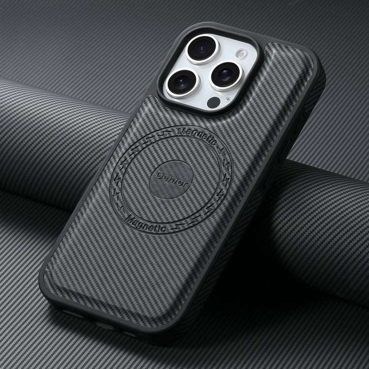 For iPhone 16 Pro Denior Carbon Fiber Texture Leather MagSafe Phone Case(Black) by Denior