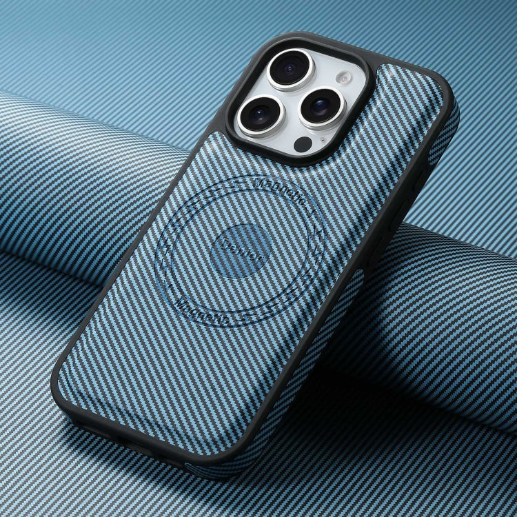 For iPhone 16 Pro Denior Carbon Fiber Texture Leather MagSafe Phone Case(Blue) by Denior