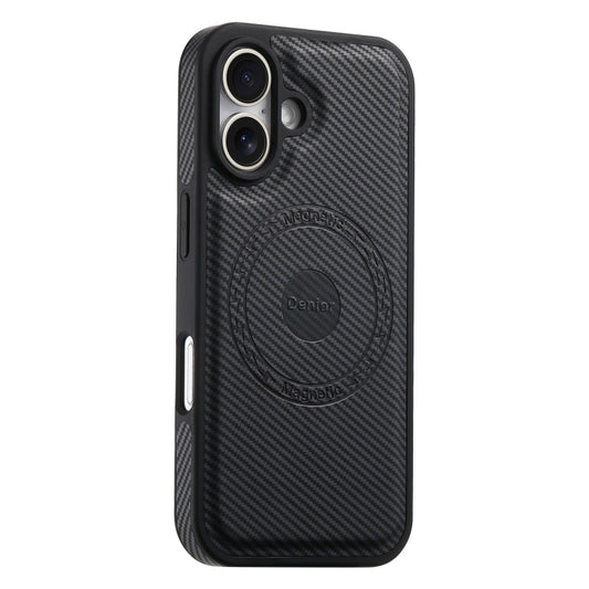 For iPhone 16 Plus Denior Carbon Fiber Texture Leather MagSafe Phone Case(Black) by Denior