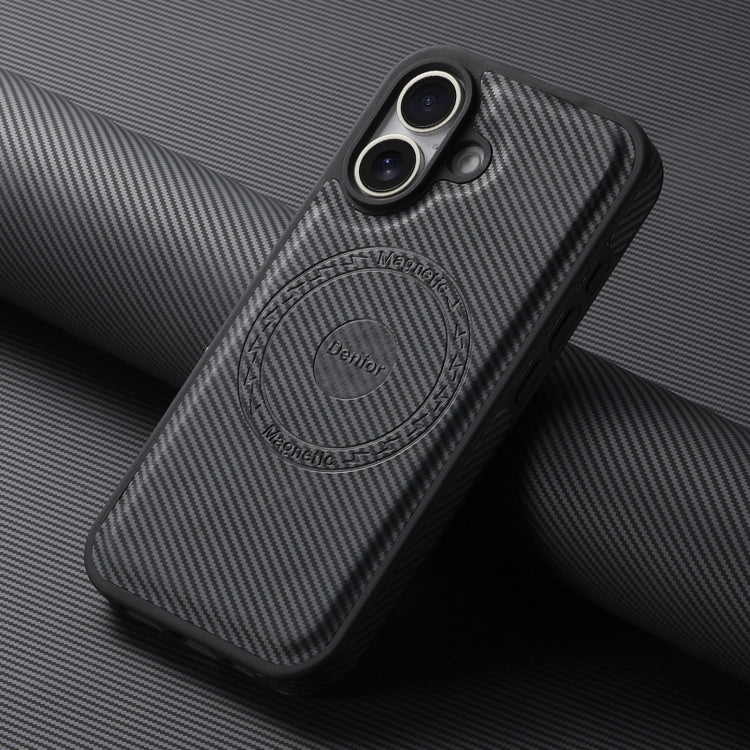 For iPhone 16 Plus Denior Carbon Fiber Texture Leather MagSafe Phone Case(Black) by Denior