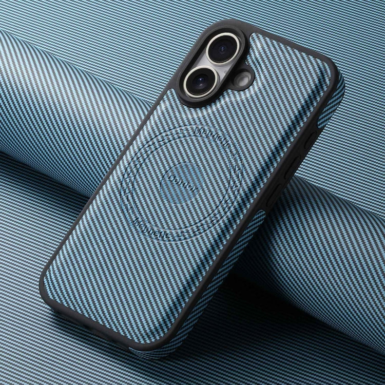 For iPhone 16 Plus Denior Carbon Fiber Texture Leather MagSafe Phone Case(Blue) by Denior