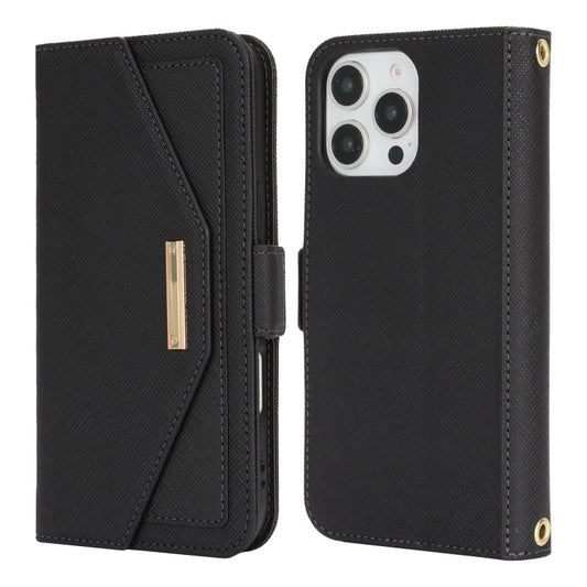 For iPhone 16 Pro Max Cross Texture Crossbody Lanyard Leather Phone Case(Black) by buy2fix