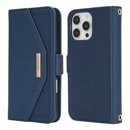 For iPhone 16 Pro Max Cross Texture Crossbody Lanyard Leather Phone Case(Blue) by buy2fix