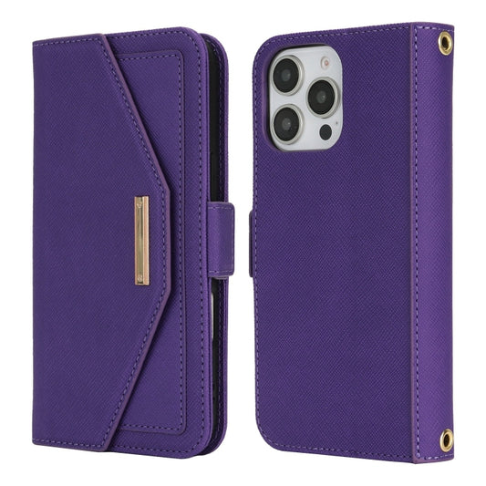 For iPhone 16 Pro Cross Texture Crossbody Lanyard Leather Phone Case(Purple) by buy2fix