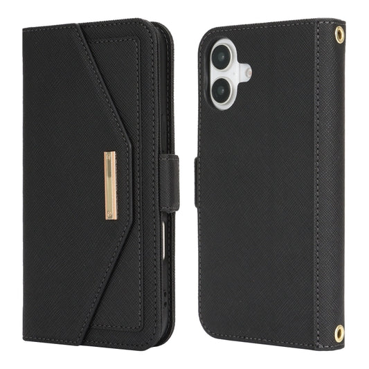 For iPhone 16 Plus Cross Texture Crossbody Lanyard Leather Phone Case(Black) by buy2fix