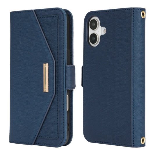 For iPhone 16 Plus Cross Texture Crossbody Lanyard Leather Phone Case(Blue) by buy2fix