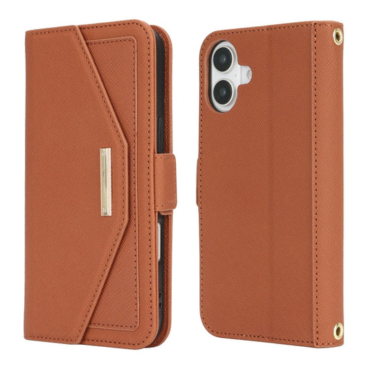 For iPhone 16 Plus Cross Texture Crossbody Lanyard Leather Phone Case(Brown) by buy2fix