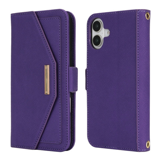 For iPhone 16 Cross Texture Crossbody Lanyard Leather Phone Case(Purple) by buy2fix