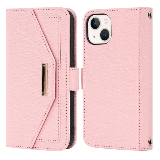 For iPhone 15 Plus Cross Texture Crossbody Lanyard Leather Phone Case(Pink) - iPhone 15 Plus Cases by buy2fix | Online Shopping UK | buy2fix